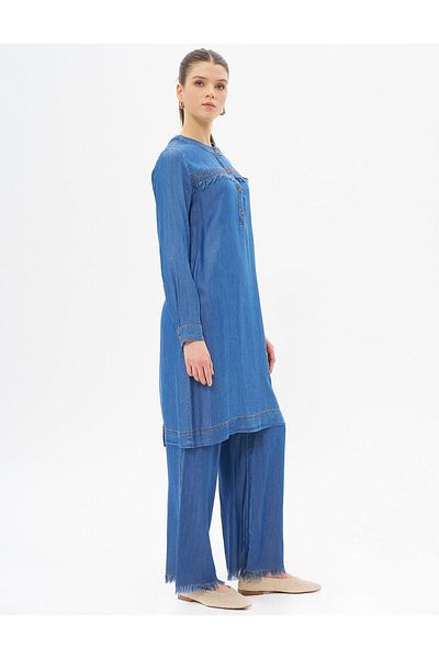 Kayra Navy Blue Lyocell Double Set - Tassels