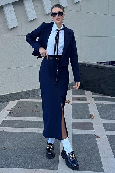 GÜLSELİ Sötétkék női Crop kabát szoknya dupla szett