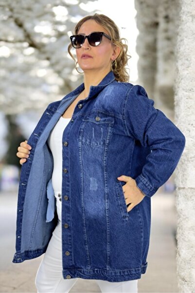yagmurberen Medium Size Plus Size Denim Jacket with Metal Buttons on the Sides and Double Chest Pockets