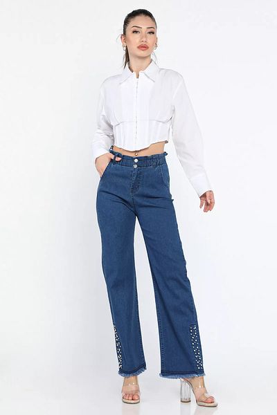 GÜLSELİ Navy Blue Women's High Waist Tasseled Stone Detailed Lycra Jean Jeans