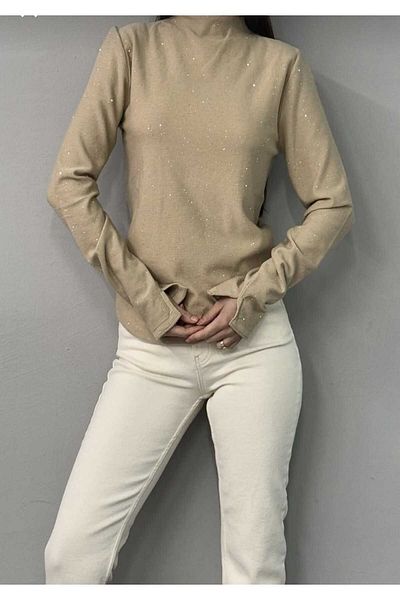 Dilvin 10685 Beige Stand Collar Sequin Slim Knitwear Sweater