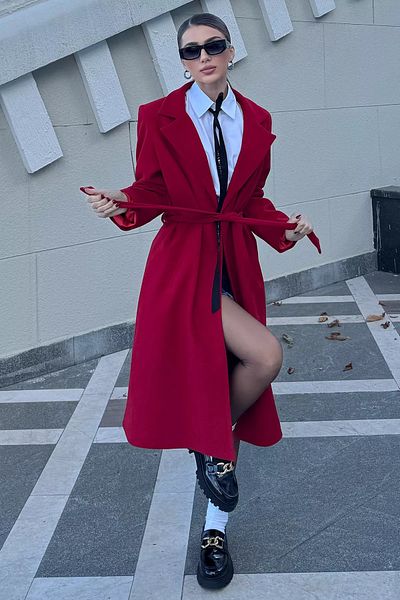 GÜLSELİ Red Women's Lined Belted Cashmere Coat