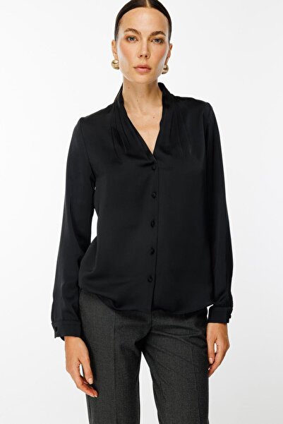 Nazen Giyim Ekol Önü Drapeli Saten Siyah Kadın Bluz 2021-2K5