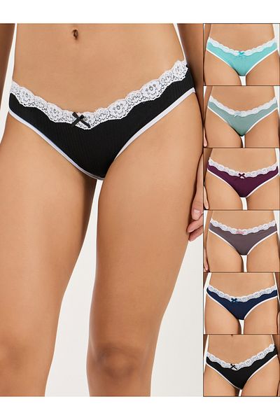 Styli مجموعة من 6 قطع بيكيني قصيرة من القطن بحواف من الدانتيل والفيونكة المتباينة