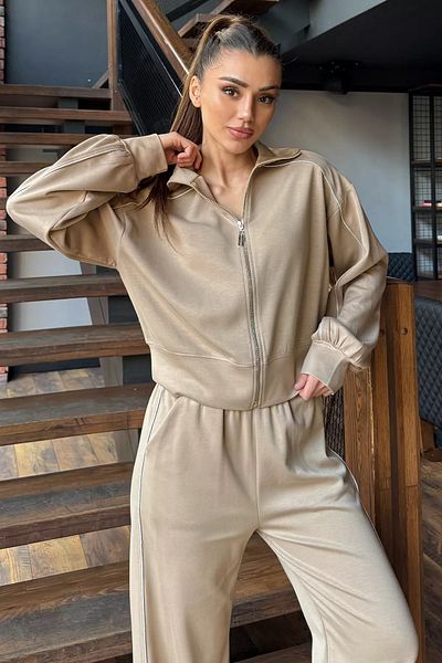 GÜLSELİ Beige Women's Sweat Pants Double Set