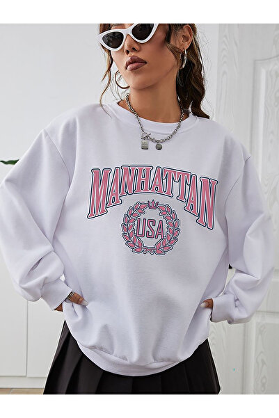 SUNFREE SWEATSHIRT ALB DIN BUMBAC CU GÂRĂ DE BICICLETA IMPRIMAT MANHATTAN supradimensionat