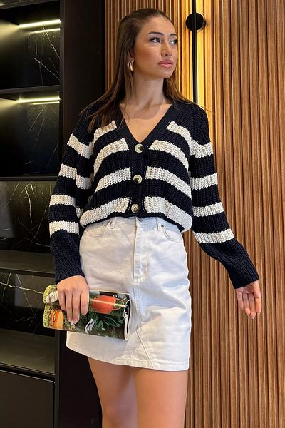 GÜLSELİ Navy Blue Cream Women's Balloon Sleeve Knitted Knitwear Cardigan