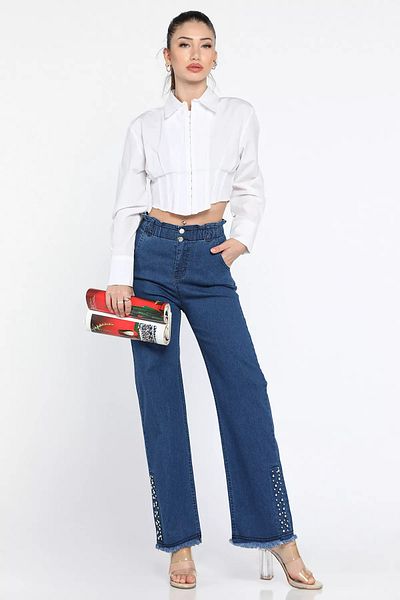 GÜLSELİ Navy Blue Women's High Waist Tasseled Stone Detailed Lycra Jean Jeans