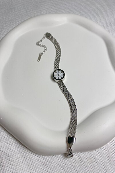 DEMOKAN Kadın Çelik Bileklik Örgü Zincir Sedef Çiçek Bileklik