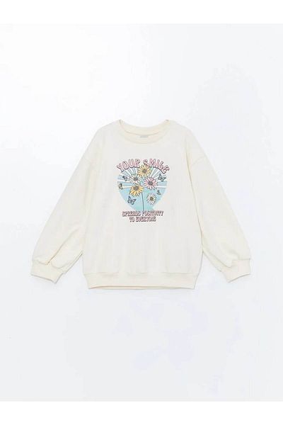 LC Waikiki Lcw Kids Ecru Crew Neck Printed Long Sleeve Girls Sweatshirt & Leggings