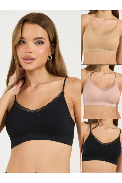 Styli Pack of 3 - Padded Lace Trim Crop Top with Thin Criss Cross Straps