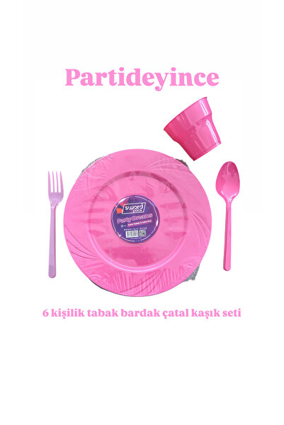 partideyince PLASTİK SERT MİKA TABAK ÇATAL BARDAK  KAŞIK PEMBE RENK 6 KİŞİLİK...