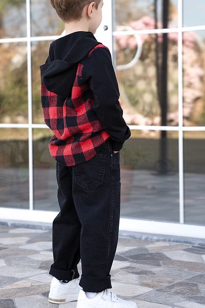 Catz Kids 100% βαμβακερό μαύρο τζιν παντελόνι + κόκκινο μαύρο καρό μπουφάν με κουκούλα