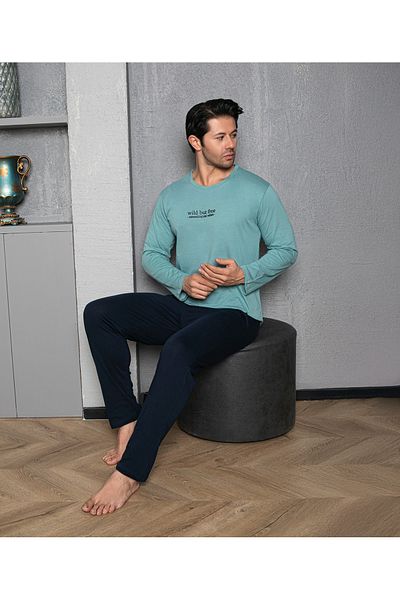 Huq Moda Sude ανδρικό σετ πιτζάμες από βαμβακερό μπαμπού, χτενισμένο βαμβακερό μακρυμάνικο με λεπτομέρεια τσέπης με απαλή υφή