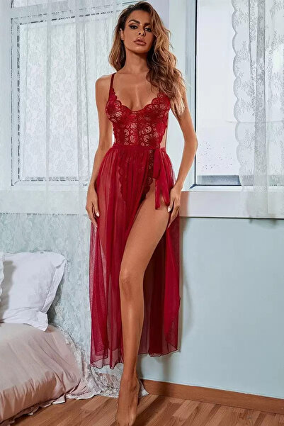 Zikuv Κόκκινο νυχτικό από τούλι μεσαίου μήκους και δαντέλα με κορδόνια