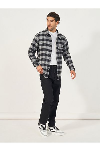 Styli Monochrome Brushed Flannel Checkered Relaxed Shirt with Mock Pocket