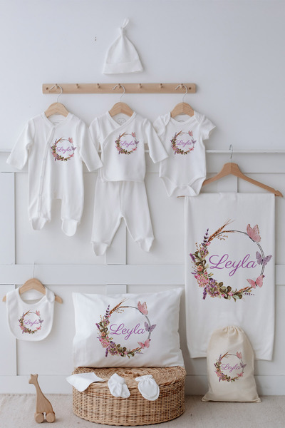 Customized Flower Patterned 11-Piece Newborn Hospital Pack 100% Cotton Organic Print