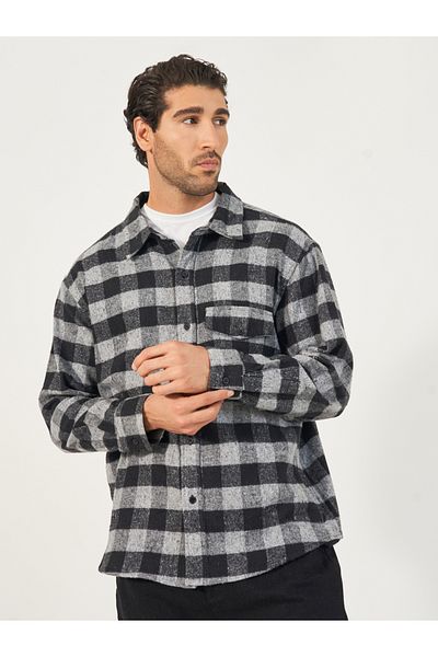 Styli Monochrome Brushed Flannel Checkered Relaxed Shirt with Mock Pocket
