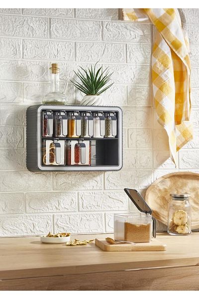 HomeTarz Wall Hanging Spice Dispenser Set - Set of 9 Food Dispensers - 19 Pieces with Spoon - Black
