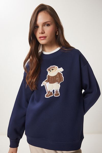 Lovelyİstanbul Navy Blue Knitted Sweatshirt - Bear Crest, Raster Lwe0001