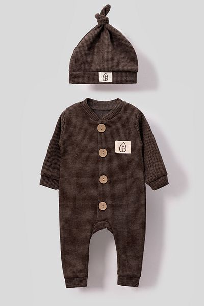 Bubito Unisex Waffle Print Stylish Baby Romper with Wooden Buttons - Brown