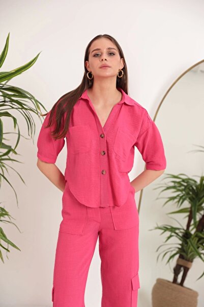 Genel Markalar Keten Kumaş Crop Oversize Kadın Gömlek-fuşya