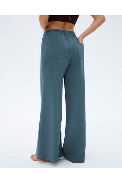 Ayma Active Pantaloni largi de in pentru femei albastru cu buzunare și talie elastică