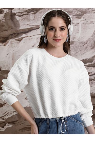 Tokyo Talkies By Styli Textured Round Neck Long Sleeves Crop Sweatshirt