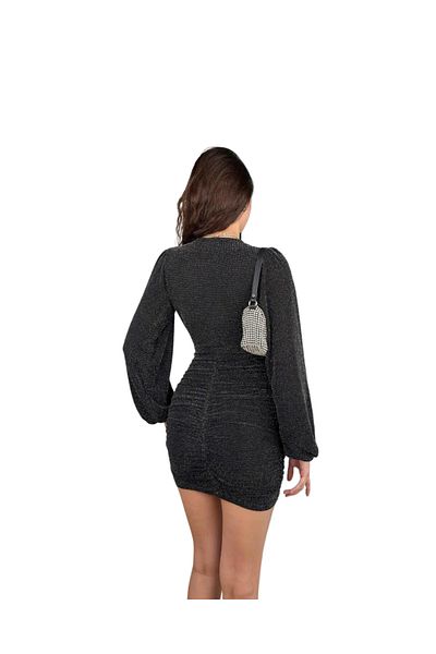 LUCK Deep V Neck Long Sleeve Silver Silvery Black Women's Mini Dress