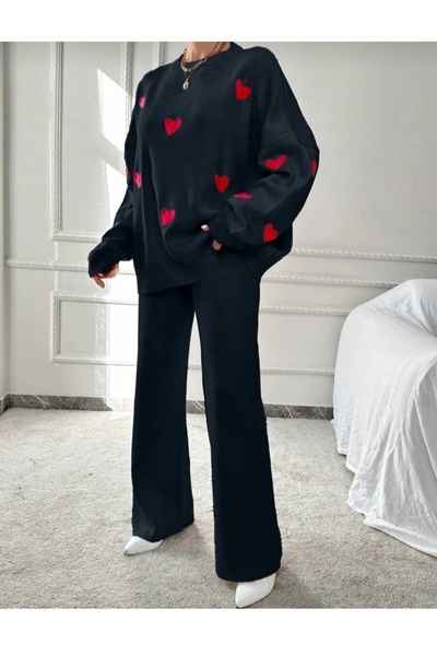 MissPul Women's Black Crew Neck Heart Sweater Pants Knitwear Bottom Top Set