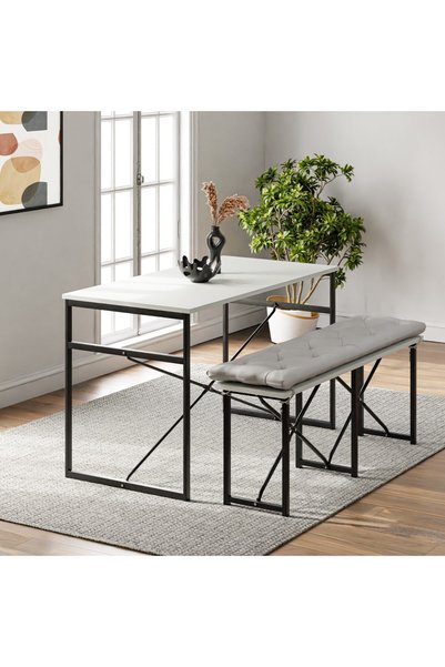 eportatif Masa Takımı Bench Bank Minderli Masa Seti 120x60 Mutfak ve Yemek Masası Beyaz 1563