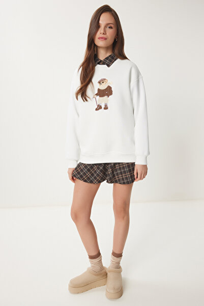 Lovelyİstanbul Kirik White Knitted Sweatshirt - Bear Crest, Raster Lwe0001