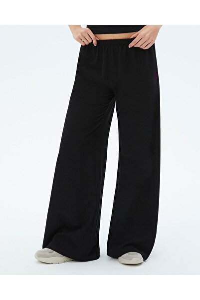 Ayma Active Black Women's Pocketed Elastic Waist Wide Leg Linen Trousers