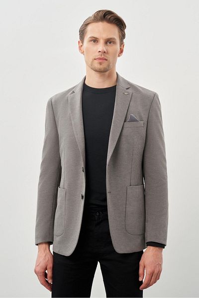 İmza Σκούρο ανθρακί μοτίβο με λαιμόκοψη - Mono Collar Slim Fit Classic Jacket 2 Buttons 6 Drop - 1002245166_070