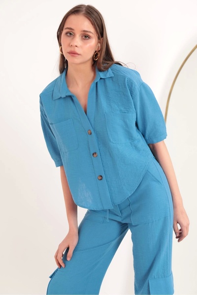 Genel Markalar Keten Kumaş Crop Oversize Kadın Gömlek-mavi