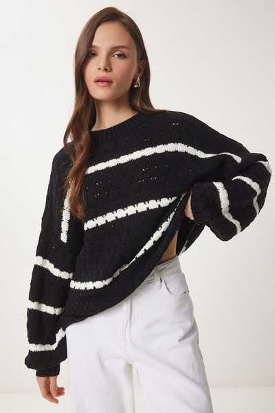 Lovelyİstanbul Striped Balloon Sleeve Sweater - Black Lhi̇0003