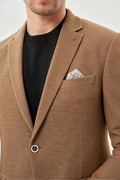 İmza Tan Butterfly Print Mono Neck Slim Fit Classic Jacket - Double Slit, 2 Buttons, 6 Drop 1002245133