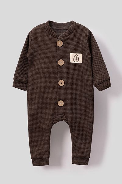 Bubito Unisex Waffle Print Stylish Baby Romper with Wooden Buttons - Brown