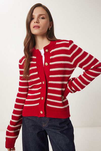 Lovelyİstanbul Red Striped Thick Orlon Cardigan - Buttoned Lhi̇0002
