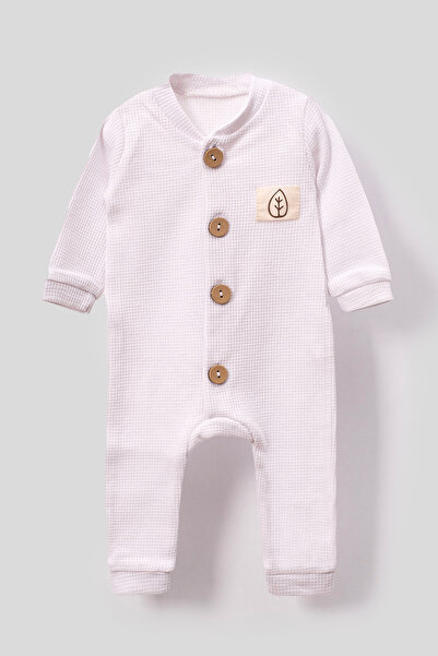 Bubito White Unisex Waffle Baby Romper - Wooden Button Detailed Hat