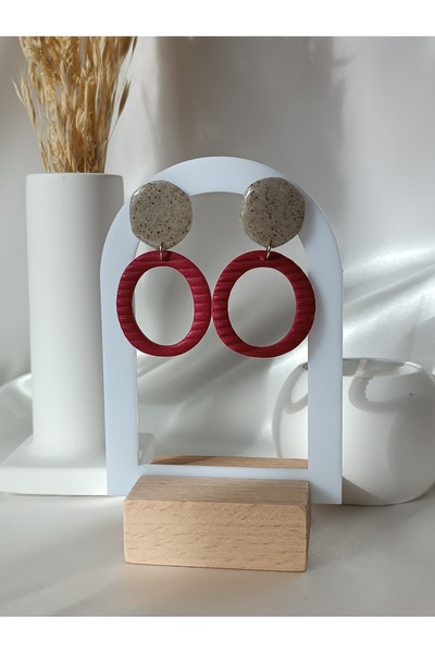 La fee aksesuar أقراط طينية نسائية من البوليمر باللون العنابي - مع جهاز فولاذي