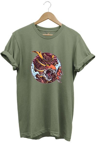 WİDİ Streetwear Warrior Japanese Tiger Printed Κομψό σχέδιο 100% βαμβακερό μπλουζάκι με λαιμόκοψη χακί
