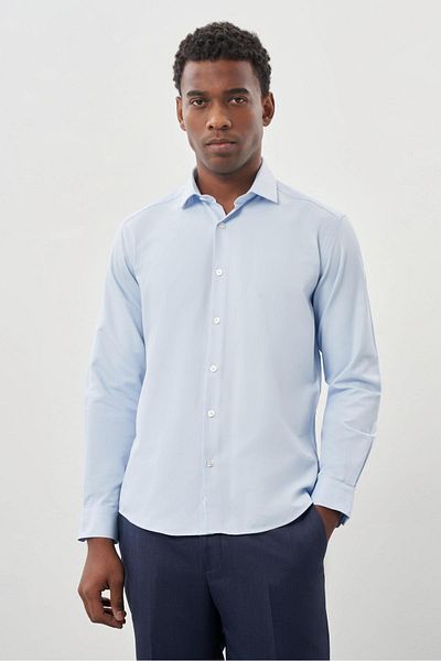 İmza Σκούρο μπλε Slim Fit Μακρυμάνικο Μασίφ Μισό Ιταλικό Πέτο Βαμβακερό πουκάμισο χωρίς τσέπη 1004245268