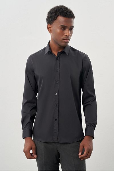 İmza Stretchy Slim Fit Dark Anthracite πουκάμισο - Μακρύ μανίκι, σκληρός γιακάς, χωρίς τσέπες, υφασμάτινο πόδι - 1004245223 _070