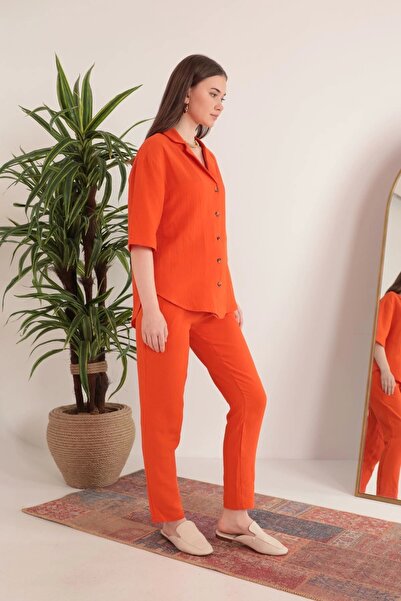 Genel Markalar Müslin Kumaş Rahat Kalıp Lastikli Kadın Pantolon-Oranj