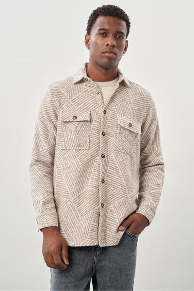 İmza Μπεζ μακρυμάνικο πουκάμισο από βαμβακερό κλασικό άνετο πουκάμισο με κάλυμμα τσέπης από γαμπαρντίνα 1004245167