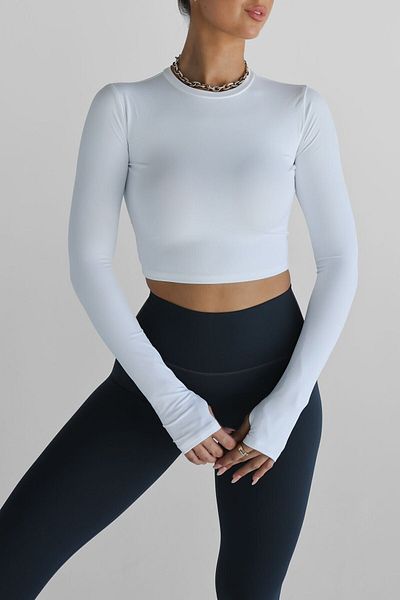 LADY HAZAL White Crew Neck Crop Top Darkalıp Soft Touch Cotton Fabric Finger Detailed Body
