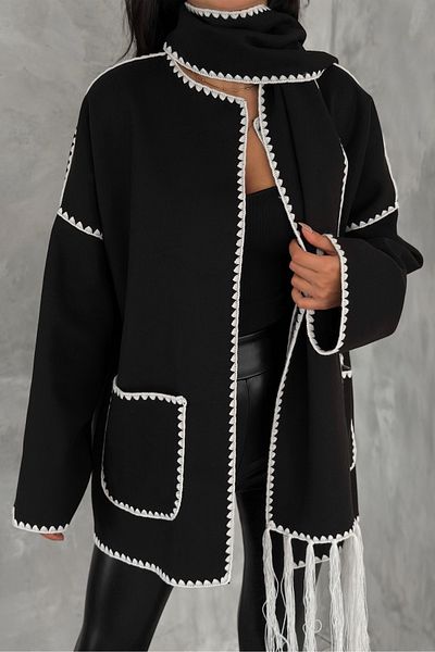 FEMELLE Kimono negru de damă, mărime standard, cu buzunar dublu, cusătură pastorală, cu accesorii pentru șal