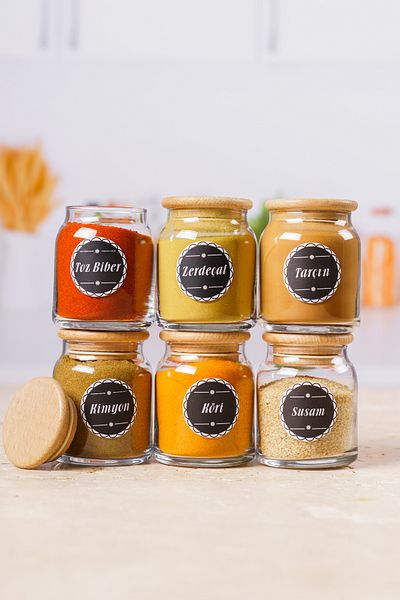 KRM HOME 300 Cc 6 Pcs Black Glass Jars Set - Wooden Vacuum Lid & Spice Rack