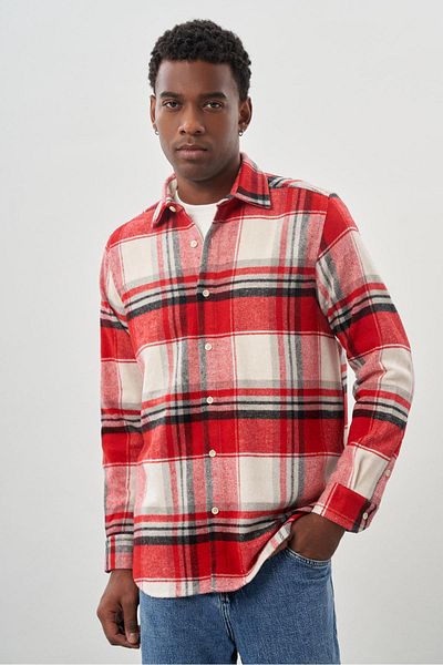 İmza Dark Red Plaid Print Soft Collar Long Sleeve Shirt - Casual Comfort Fit 1004245227